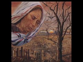 Assyrian flag head cover, worn by an old woman, crying over a city's ruins